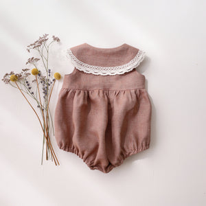 Rose Smoke Linen Pointed Collar Bubble Playsuit with Lace