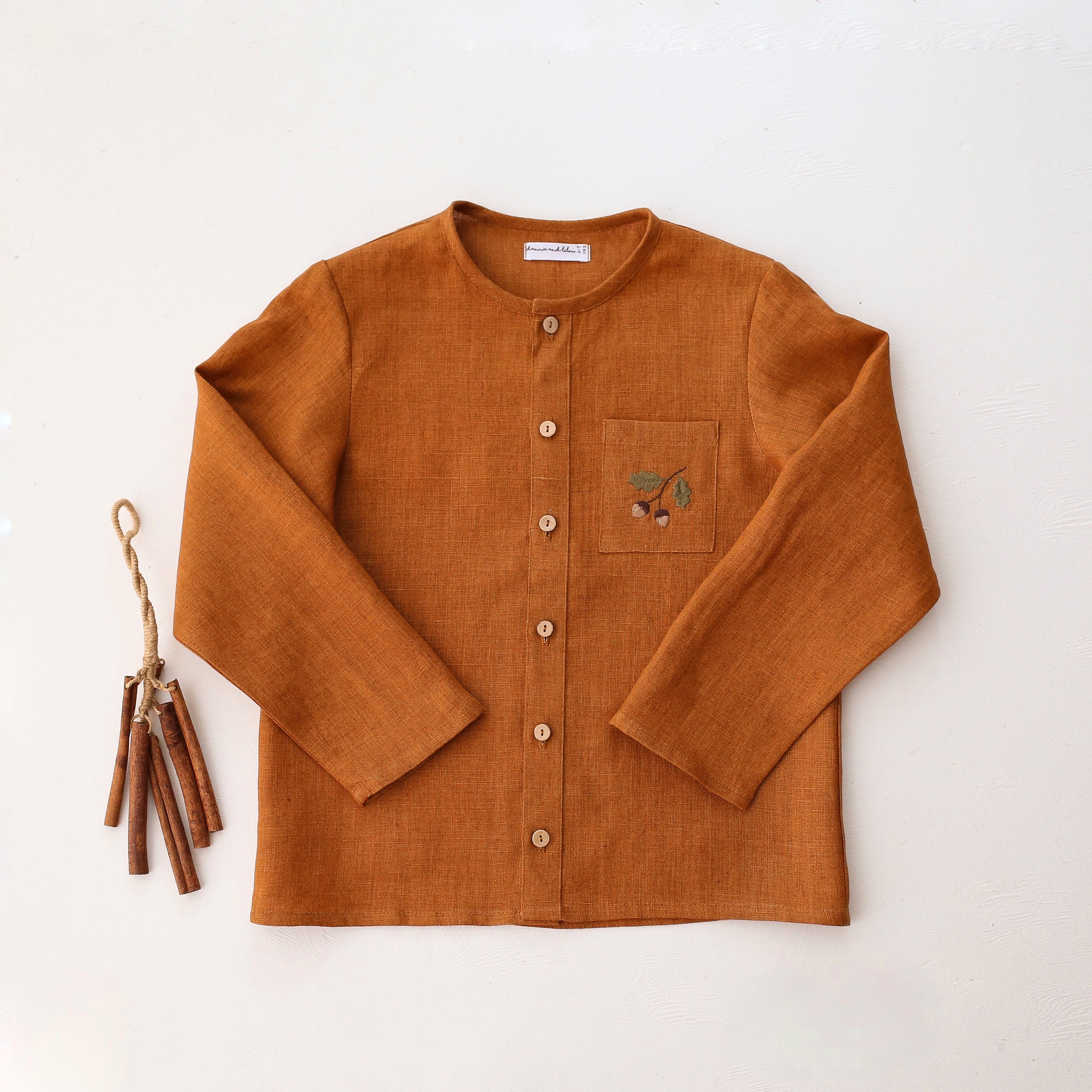 Burnt Orange Linen Long Sleeve Button Front Top with Pocket with "Mini Acorns" Embroidery