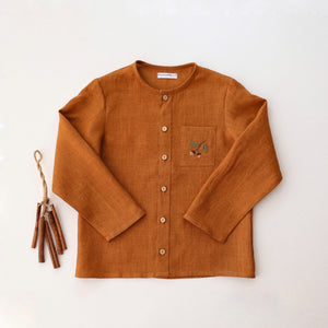 Burnt Orange Linen Long Sleeve Button Front Top with Pocket with "Mini Acorns" Embroidery