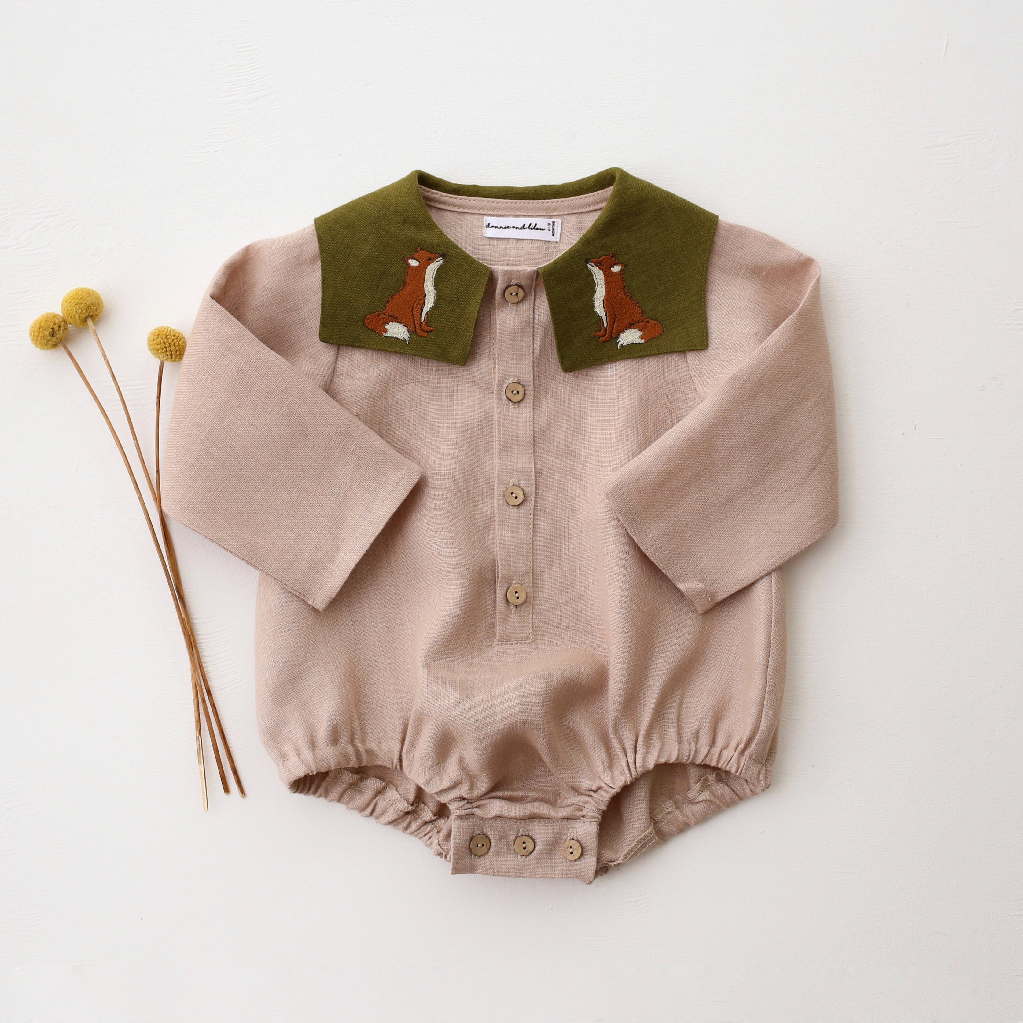 Beige Linen Long Sleeve Bubble Onesie with Square Collar in Pine Linen with "Little Fox" Embroidery