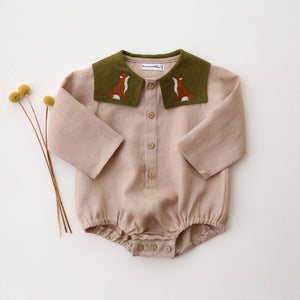 Beige Linen Long Sleeve Bubble Onesie with Square Collar in Pine Linen with "Little Fox" Embroidery