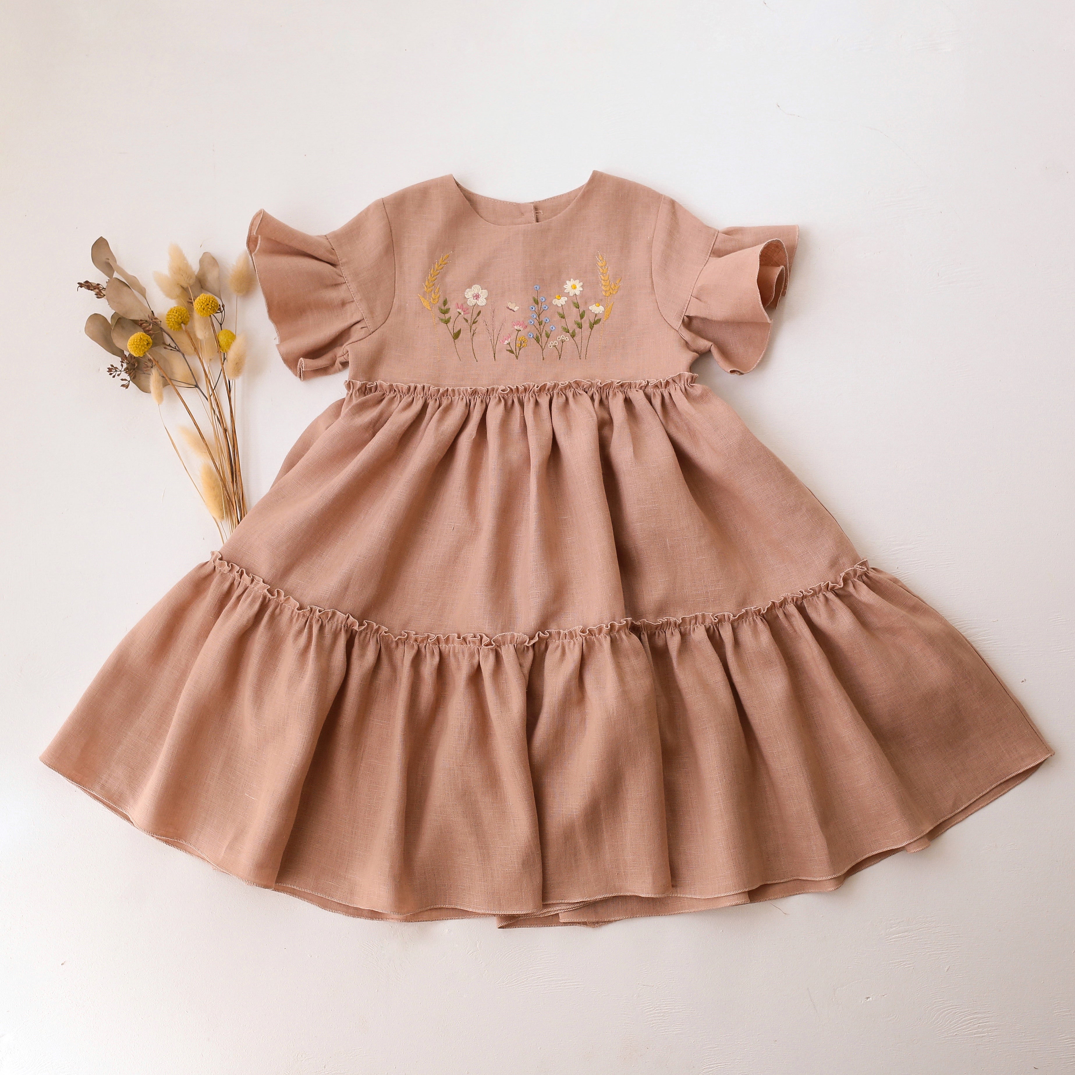 Clay Linen Flounce Sleeve Tiered Dress with "Wheat Flower Field" Embroidery