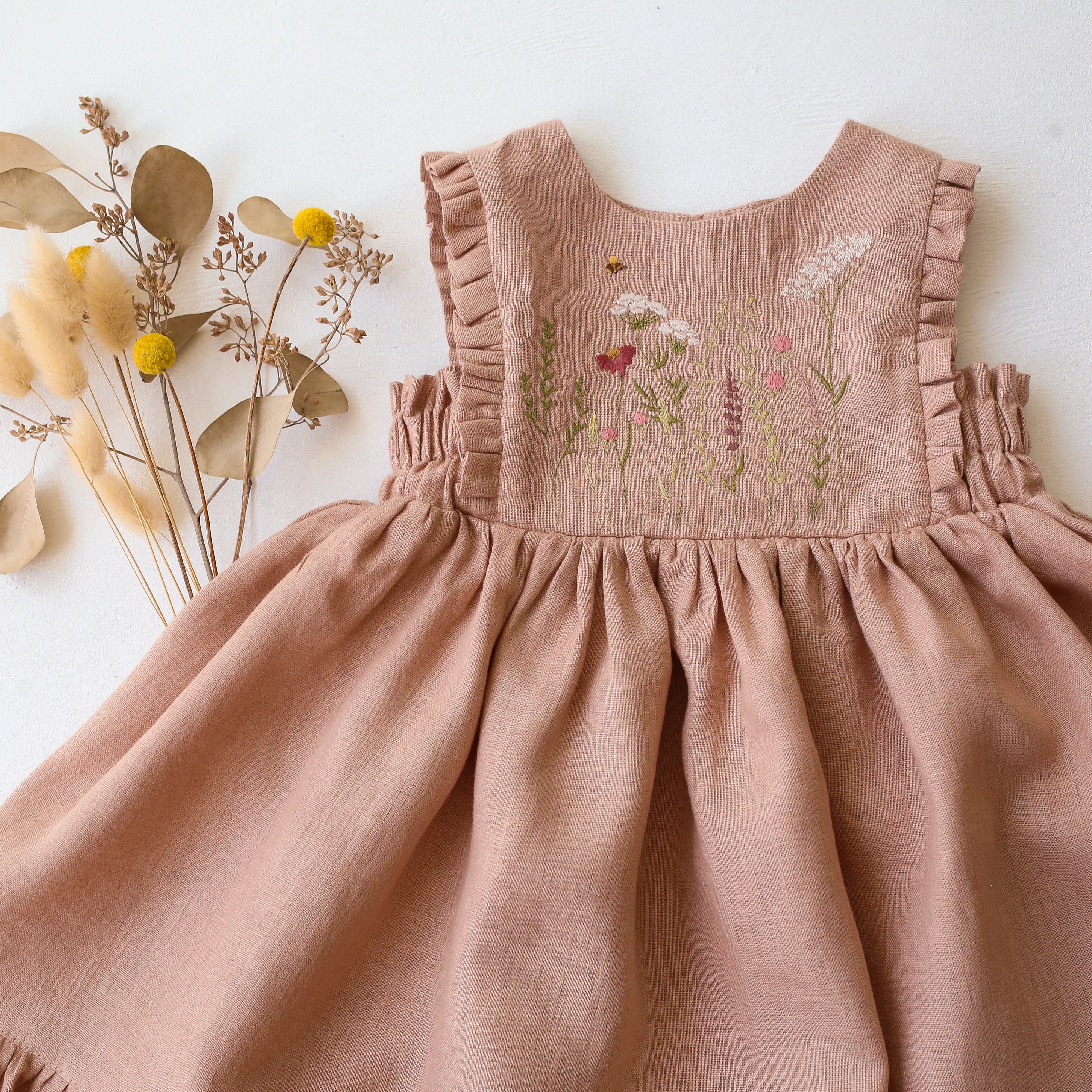 Clay Linen Dress with Ruffled Hem with "Meadow Flowers with Bee" Embroidery