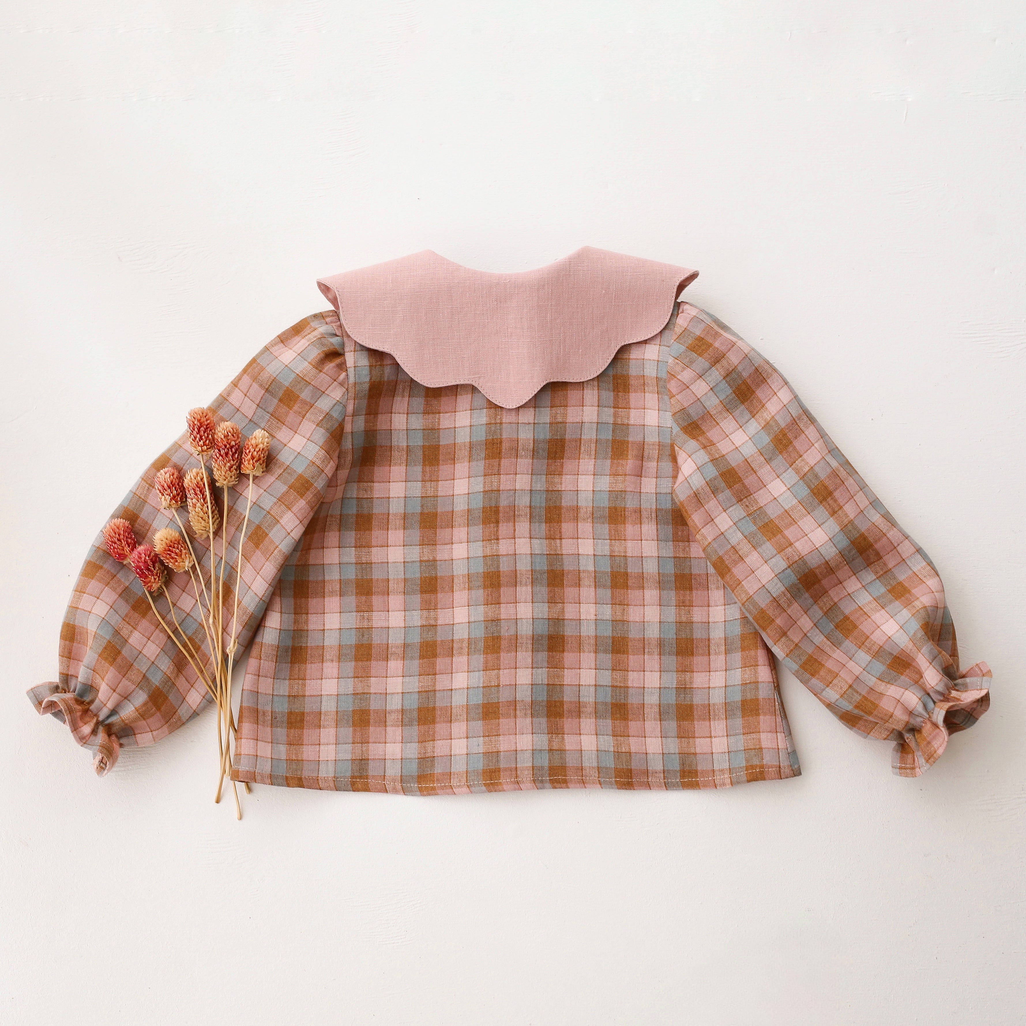 Hazel Rose Check Linen Long Sleeve Button Front Blouse with Petal Collar in Powder Linen with “Squirrel in Flowers” Embroidery