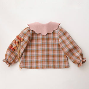 Hazel Rose Check Linen Long Sleeve Button Front Blouse with Petal Collar in Powder Linen with “Squirrel in Flowers” Embroidery