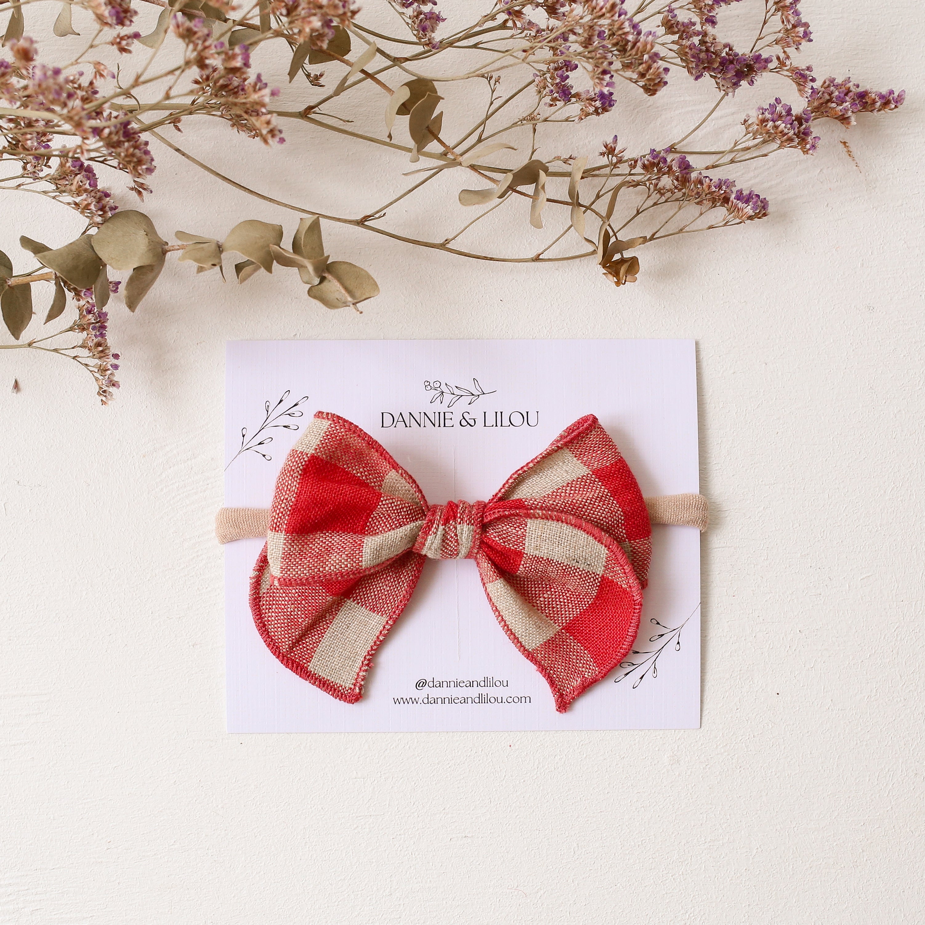 Mini Whimsy Hair Bow in Cherry Check Linen