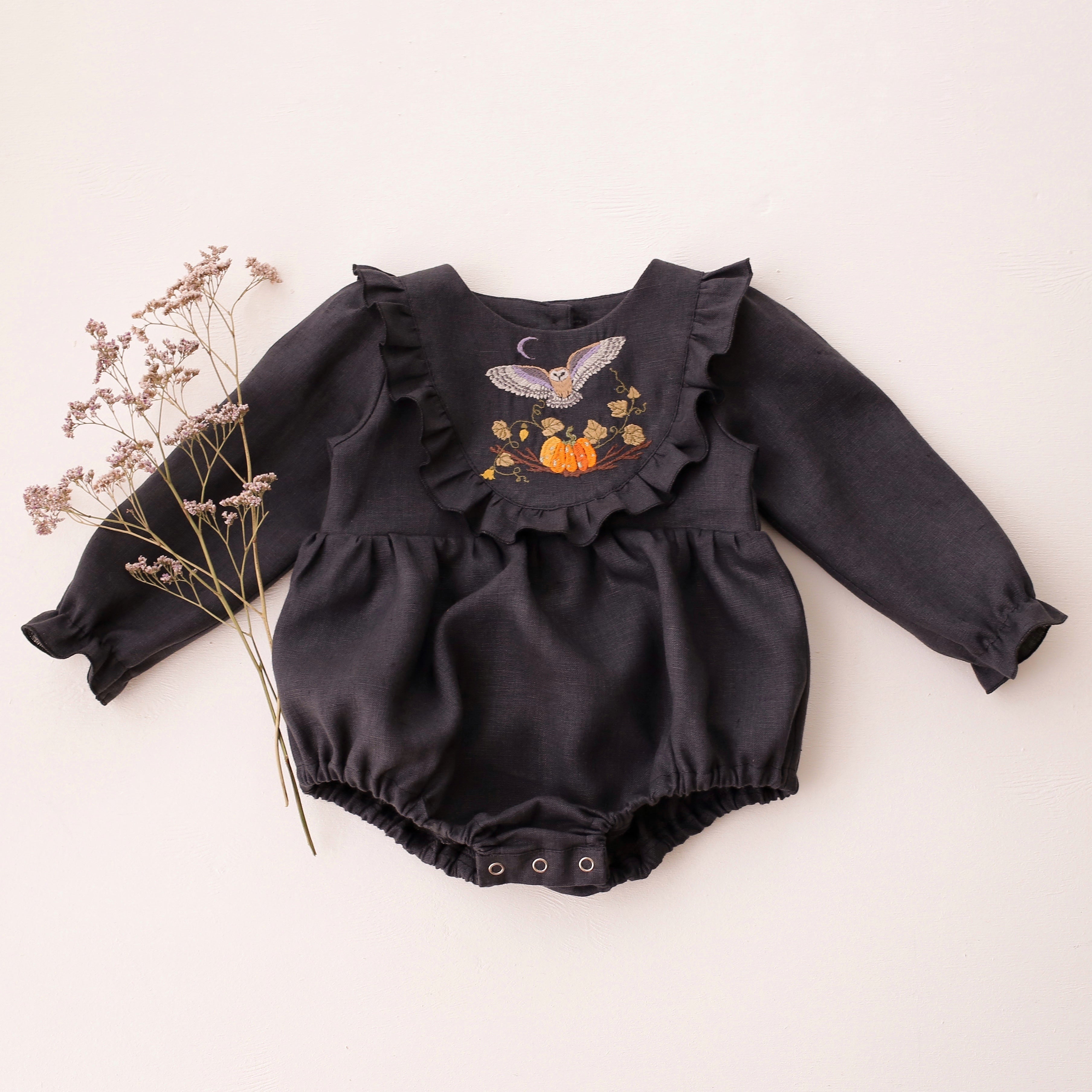 Black Linen Long Sleeve Ruffled Bodice Bubble Playsuit with “Halloween Owl” Embroidery