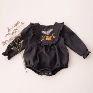 Black Linen Long Sleeve Ruffled Bodice Bubble Playsuit with “Halloween Owl” Embroidery