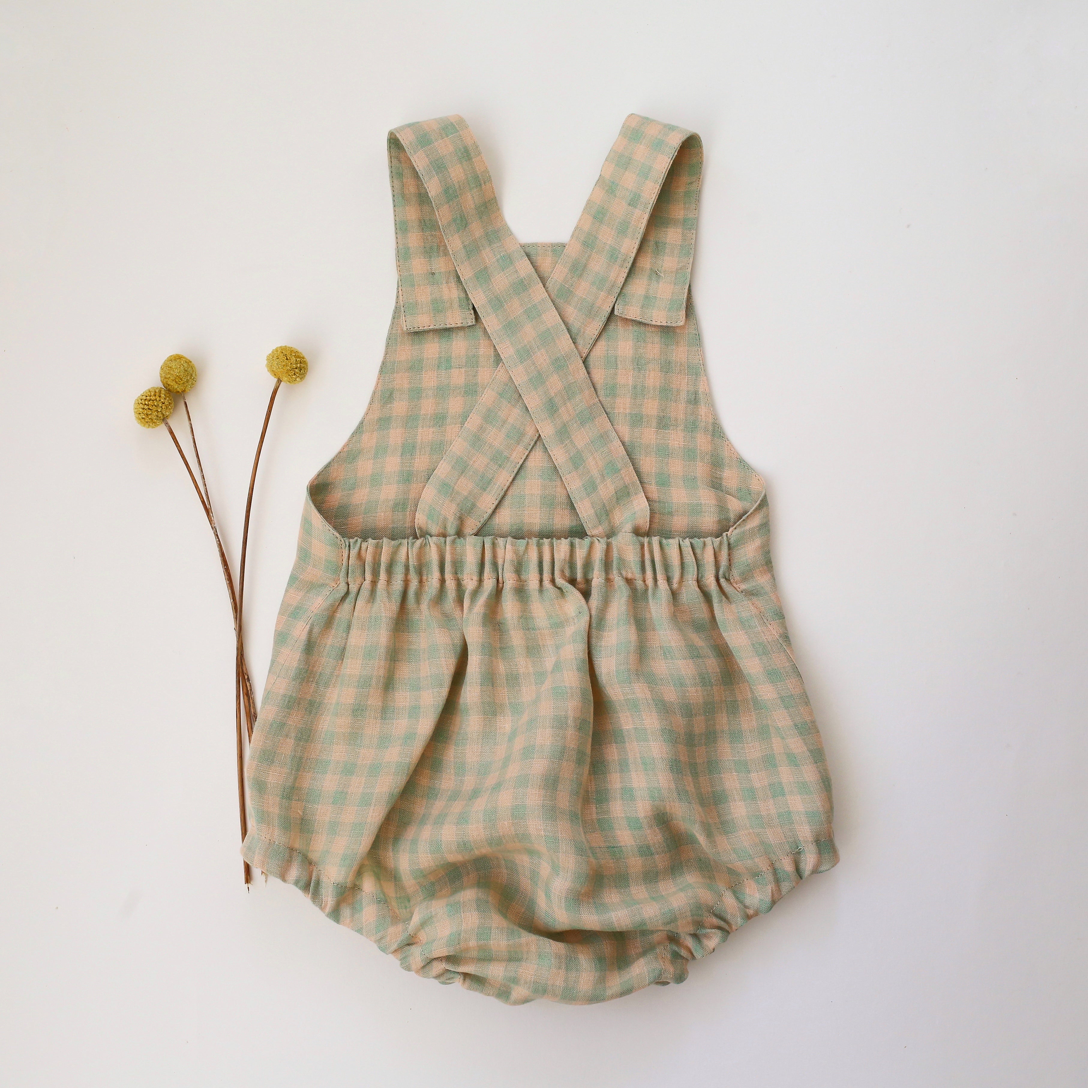 Green Gingham Linen Front Pocket Straps Romper with "Mushrooms" Embroidery