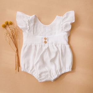 Milk Linen Ruffled Front Bubble Playsuit with “Meadow Flowers with Bee” Embroidery