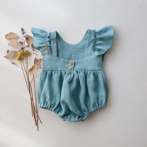 Duck Egg Blue Linen Ruffled Front Bubble Playsuit with “Wild Strawberry” Embroidery