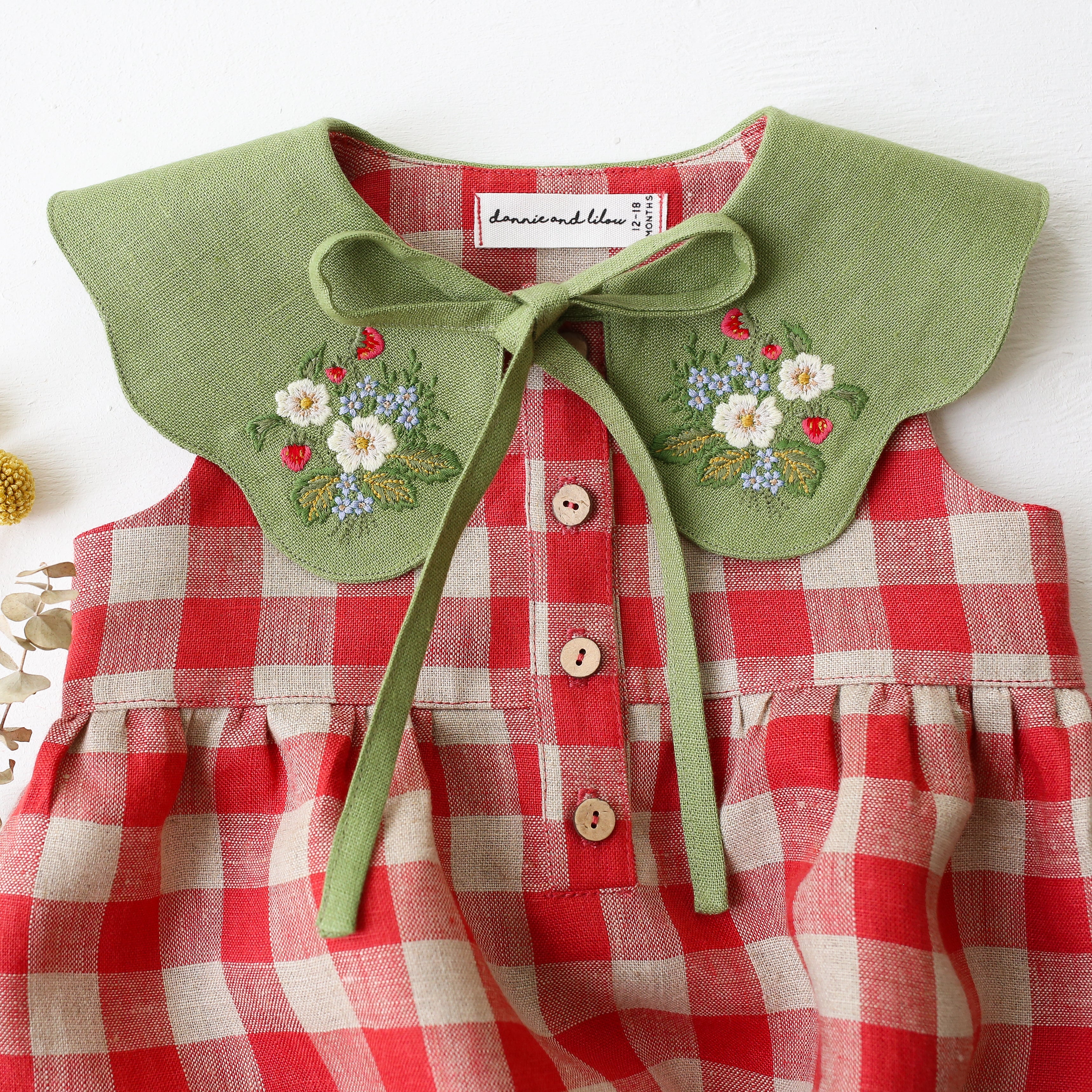 Cherry Check Linen Bubble Playsuit with Petal Collar in Meadow Green Linen with "Strawberry Bouquet" Embroidery