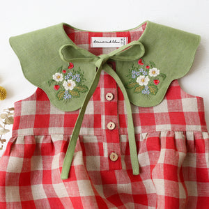 Cherry Check Linen Bubble Playsuit with Petal Collar in Meadow Green Linen with "Strawberry Bouquet" Embroidery