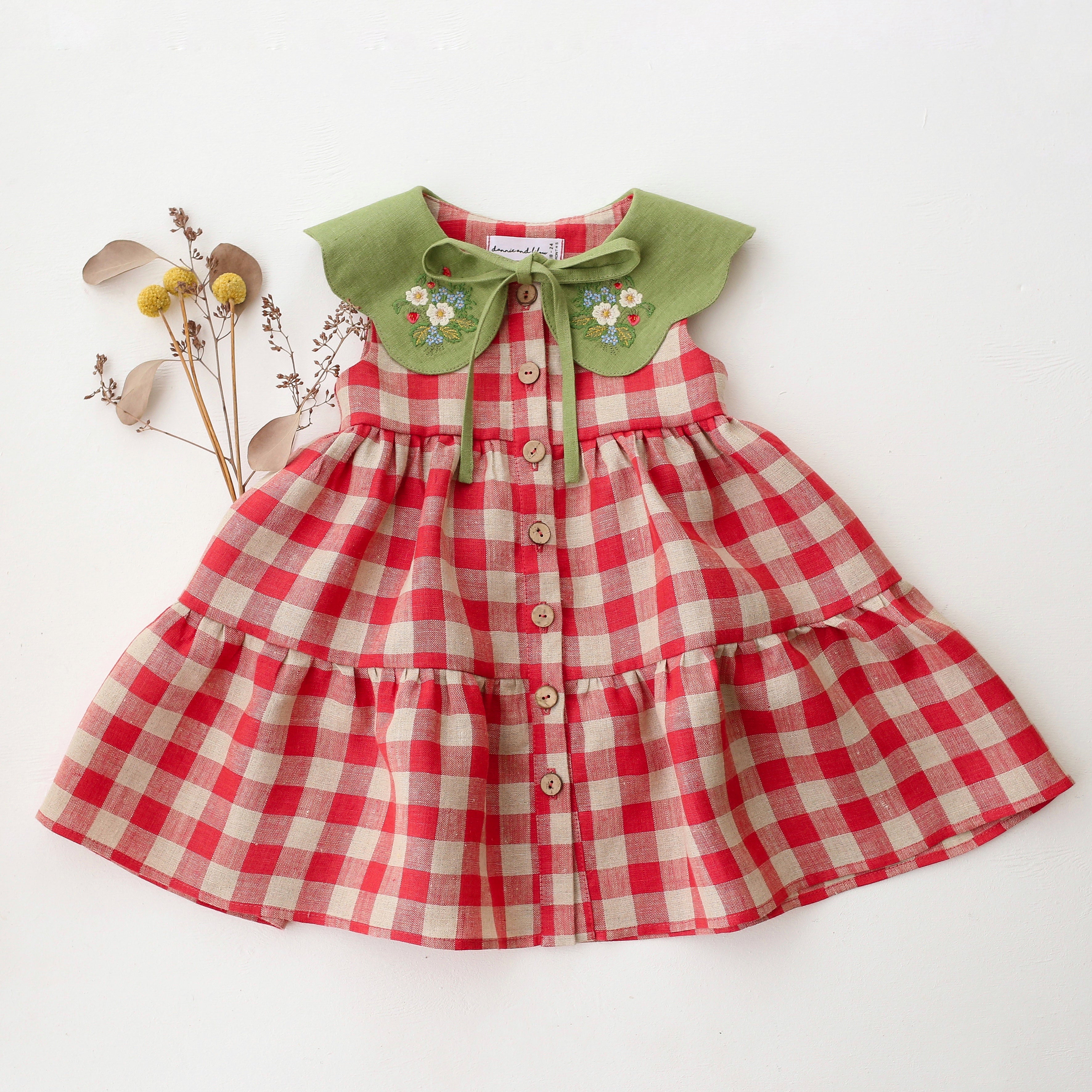 Cherry Check Linen Tiered Dress with Petal Collar in Meadow Green Linen with "Strawberry Bouquet" Embroidery