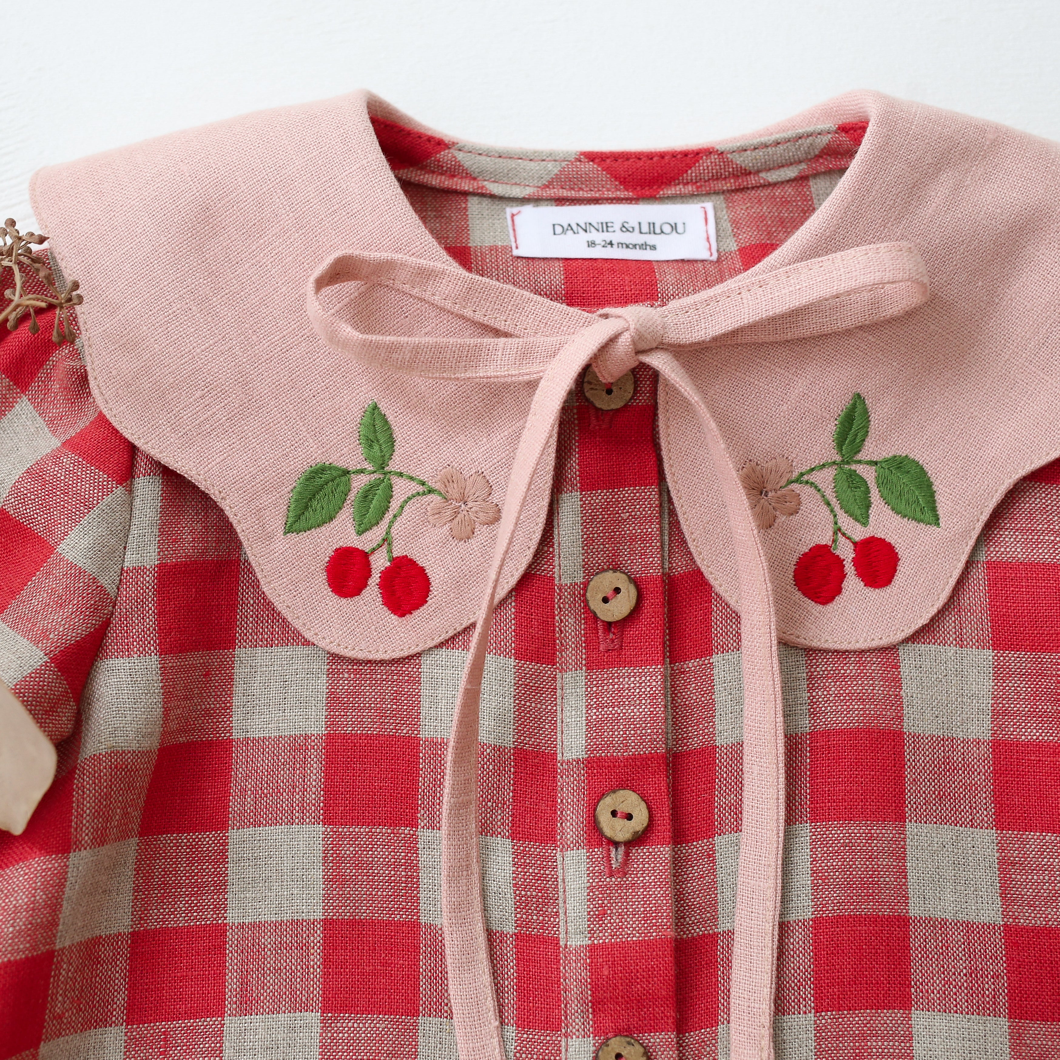 Cherry Check Linen Long Sleeve Button Front Blouse with Petal Collar in Powder Linen with “Cherry” Embroidery