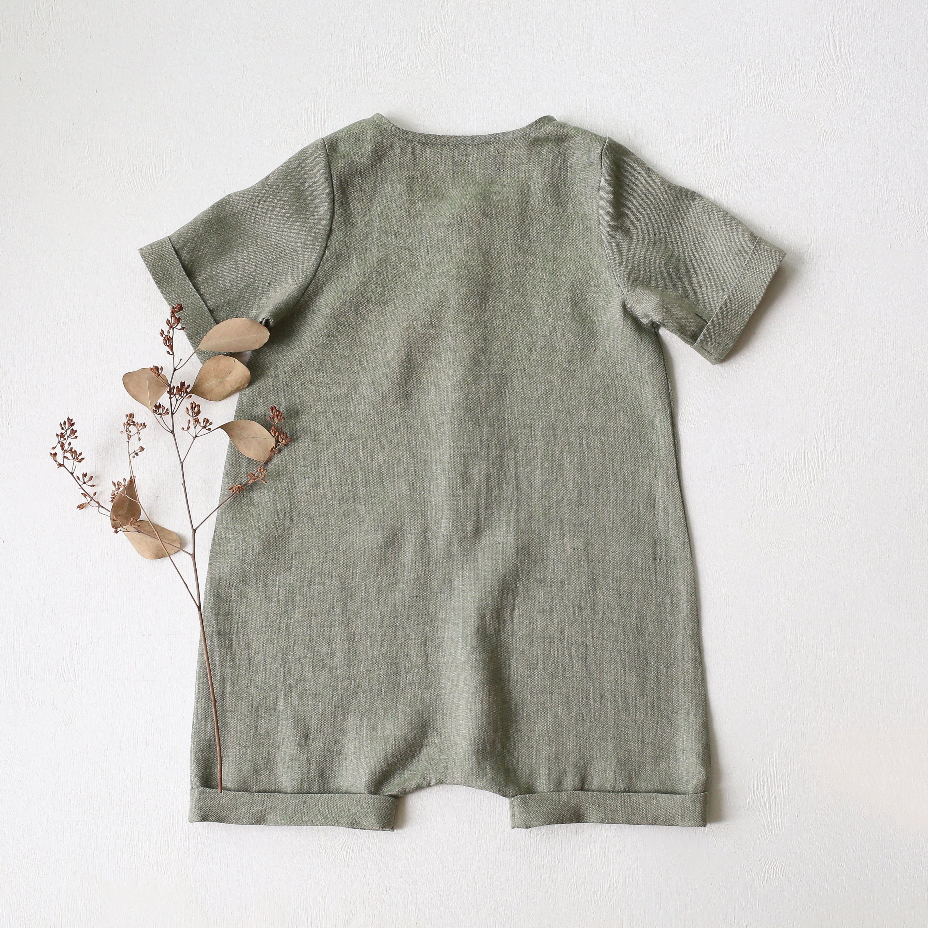 Green Smoke Linen Short Legs Jumpsuit | “Ladybug” Embroidery