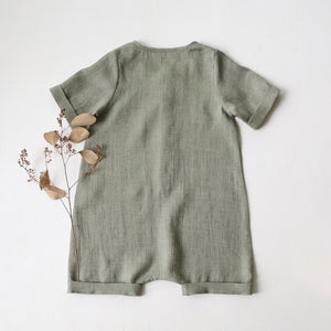 Green Smoke Linen Short Legs Jumpsuit | “Ladybug” Embroidery