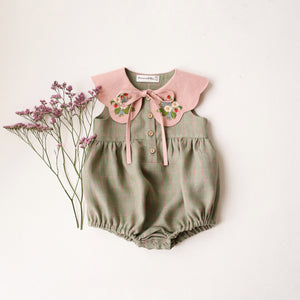 Mint & Pink Check Linen Bubble Playsuit with Petal Collar in Powder Linen with "Strawberry Bouquet" Embroidery