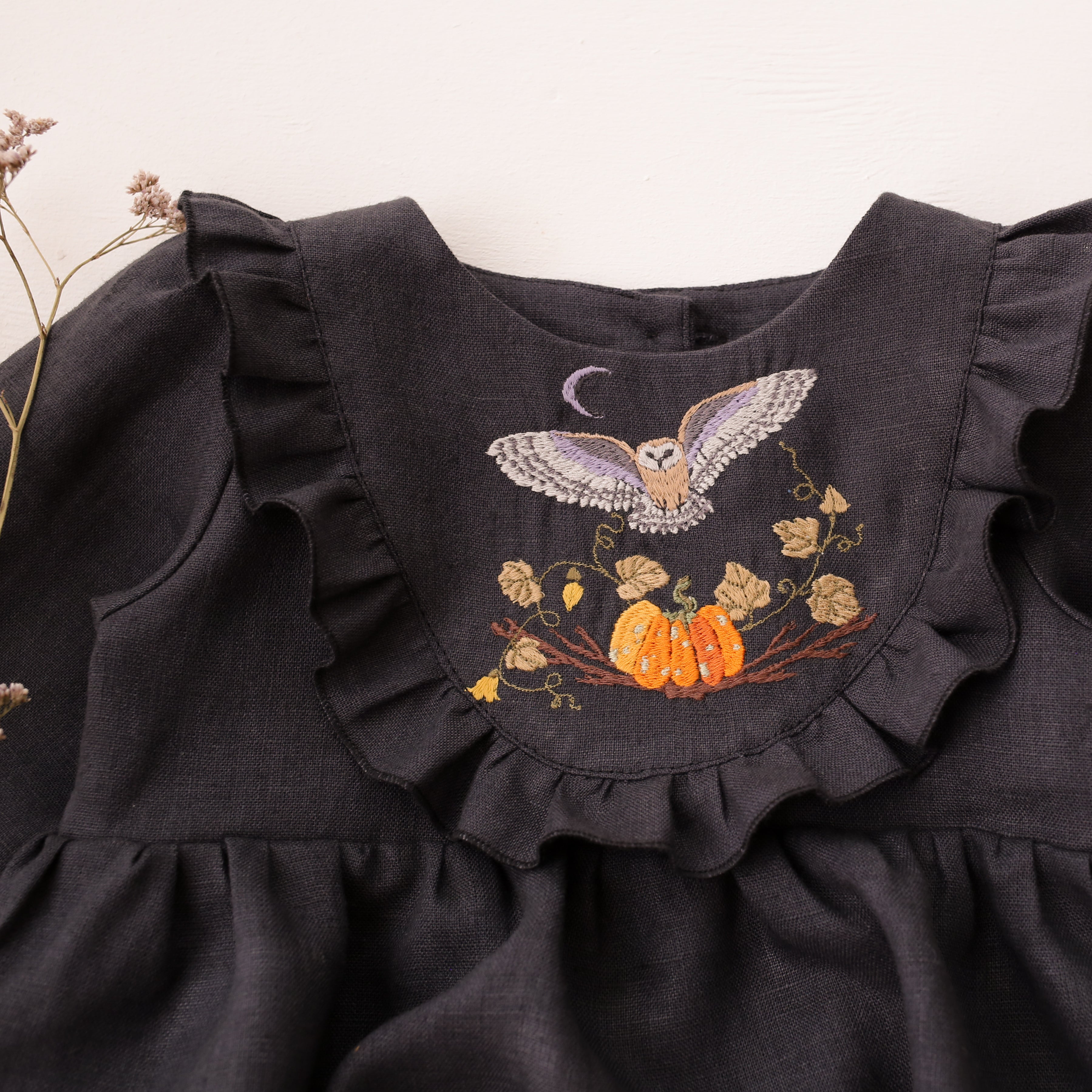 Black Linen Long Sleeve Ruffled Bodice Bubble Playsuit with “Halloween Owl” Embroidery