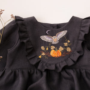 Black Linen Long Sleeve Ruffled Bodice Bubble Playsuit with “Halloween Owl” Embroidery