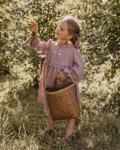 Amber Linen Long Sleeve Circle Skirt Frills Dress with "Squirrel on Berry Branch" Embroidery