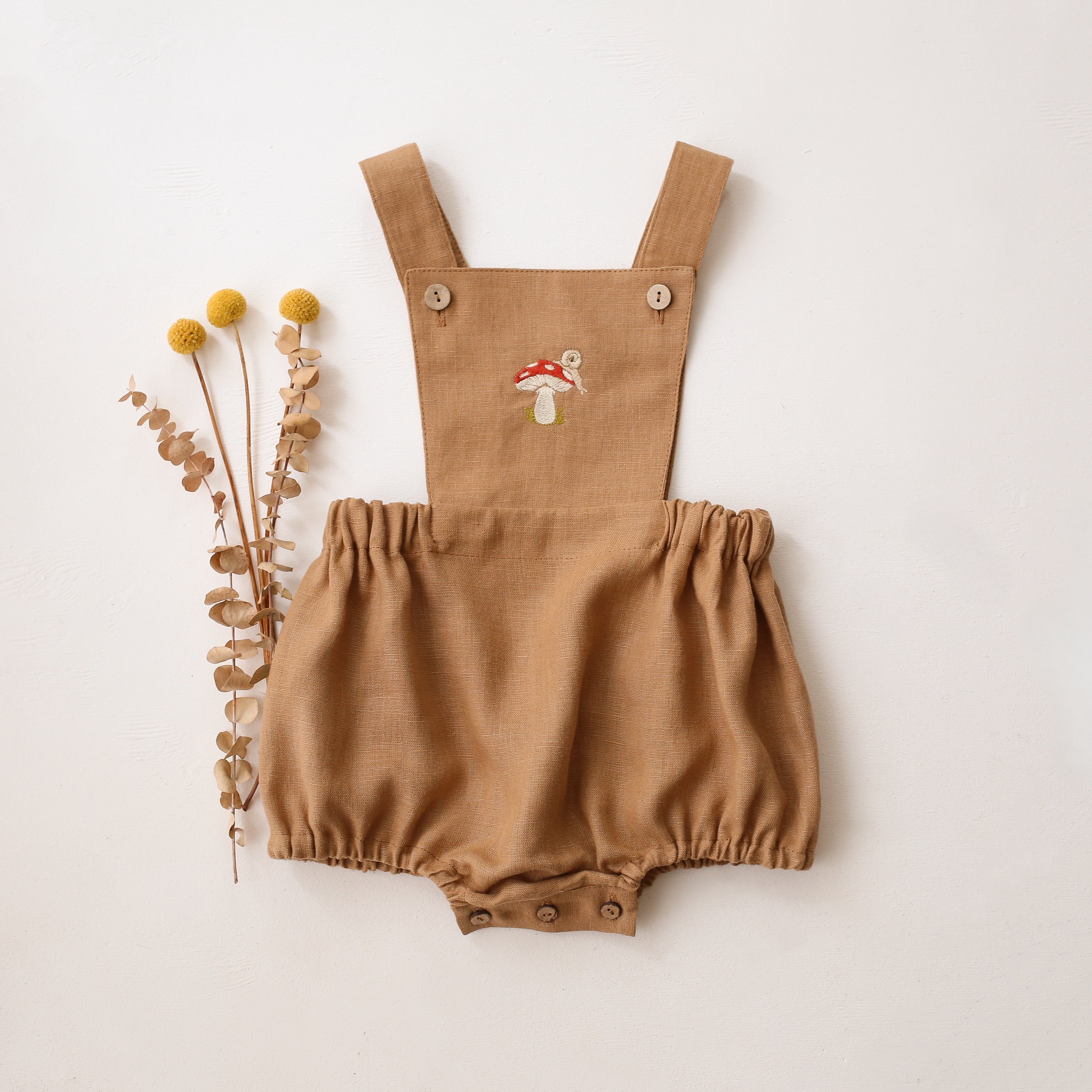 Latte Linen Pinafore Romper with “Toadstool with Snail” Embroidery