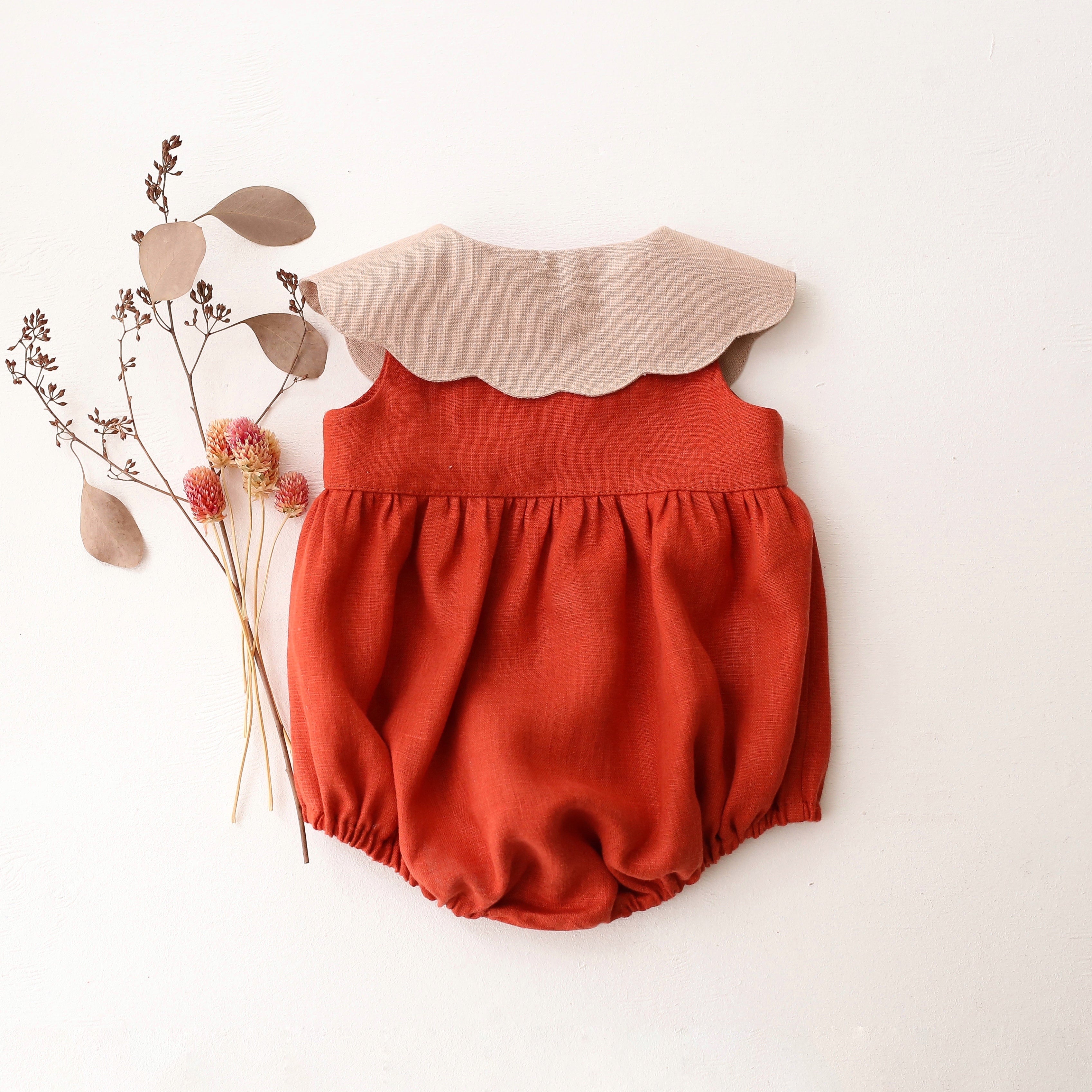 Paprika Linen Bubble Playsuit with Petal Collar in Beige Linen with "Mini Flowers" Embroidery