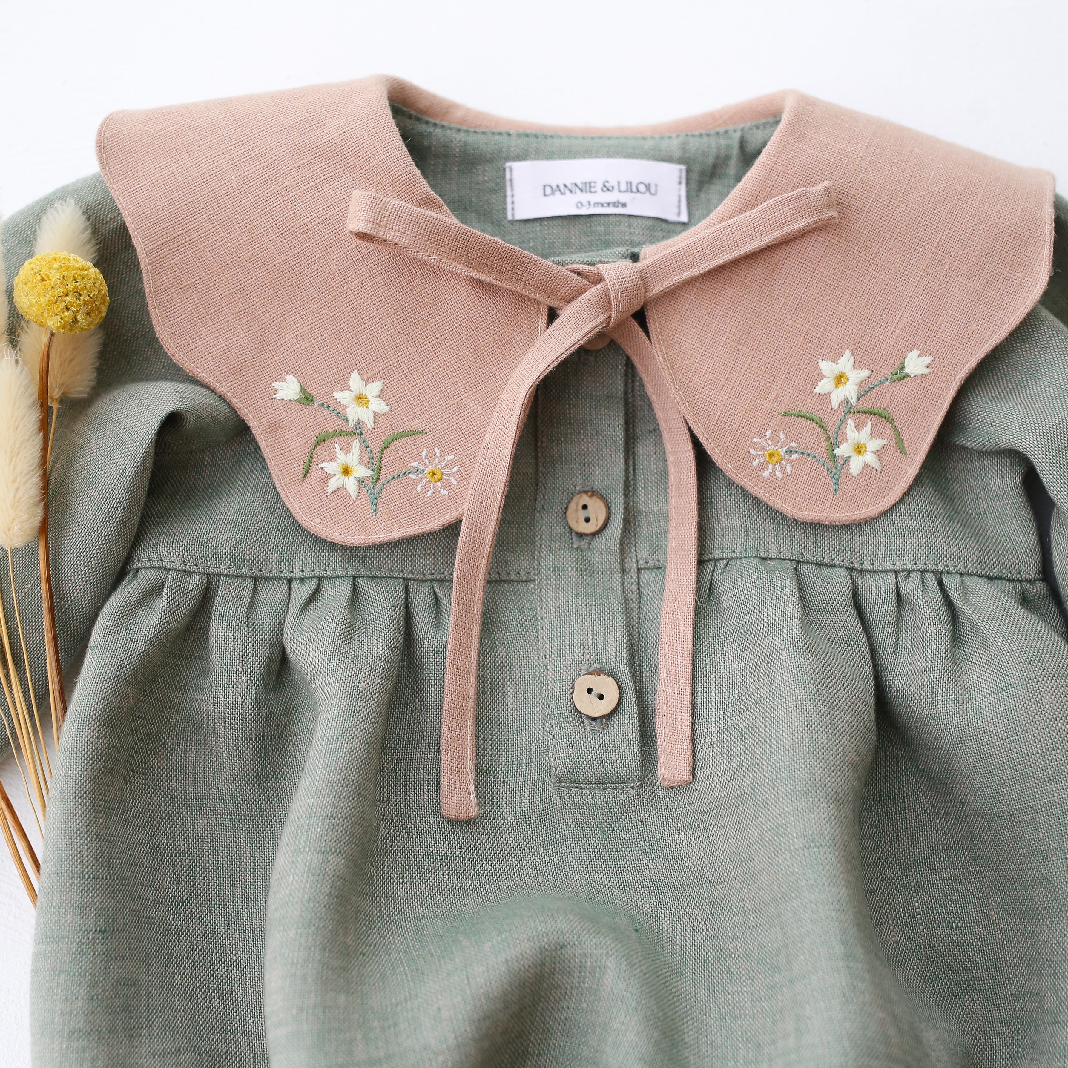 Green Smoke Linen Long Sleeve Bubble Playsuit with Petal Collar in Clay Linen with "Petite Daisy" Embroidery