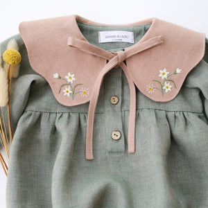 Green Smoke Linen Long Sleeve Bubble Playsuit with Petal Collar in Clay Linen with "Petite Daisy" Embroidery