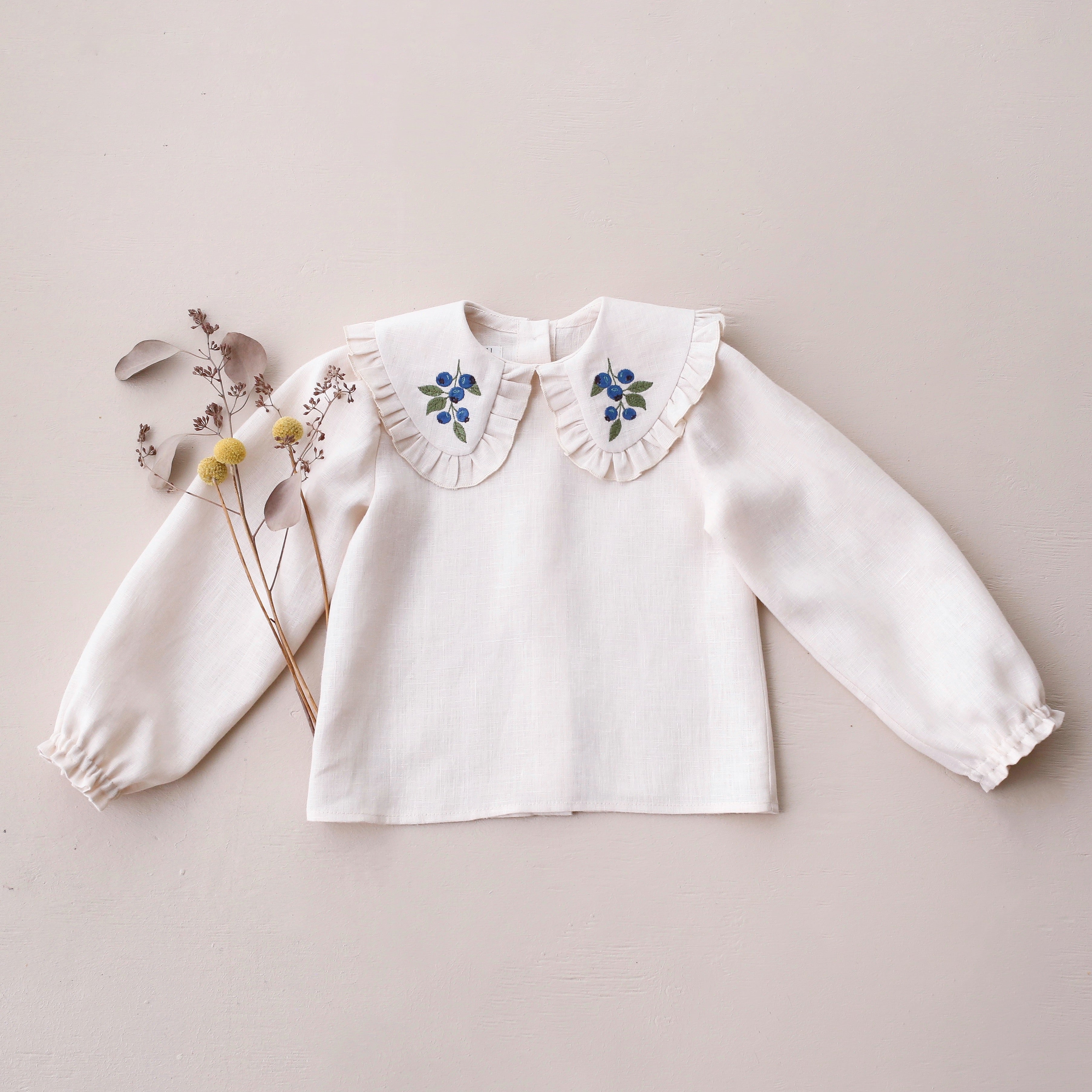 Woodland Sky Check Linen Long Sleeve Frilled Collar Blouse with "Blueberry" Embroidery