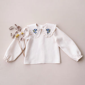 Woodland Sky Check Linen Long Sleeve Frilled Collar Blouse with "Blueberry" Embroidery