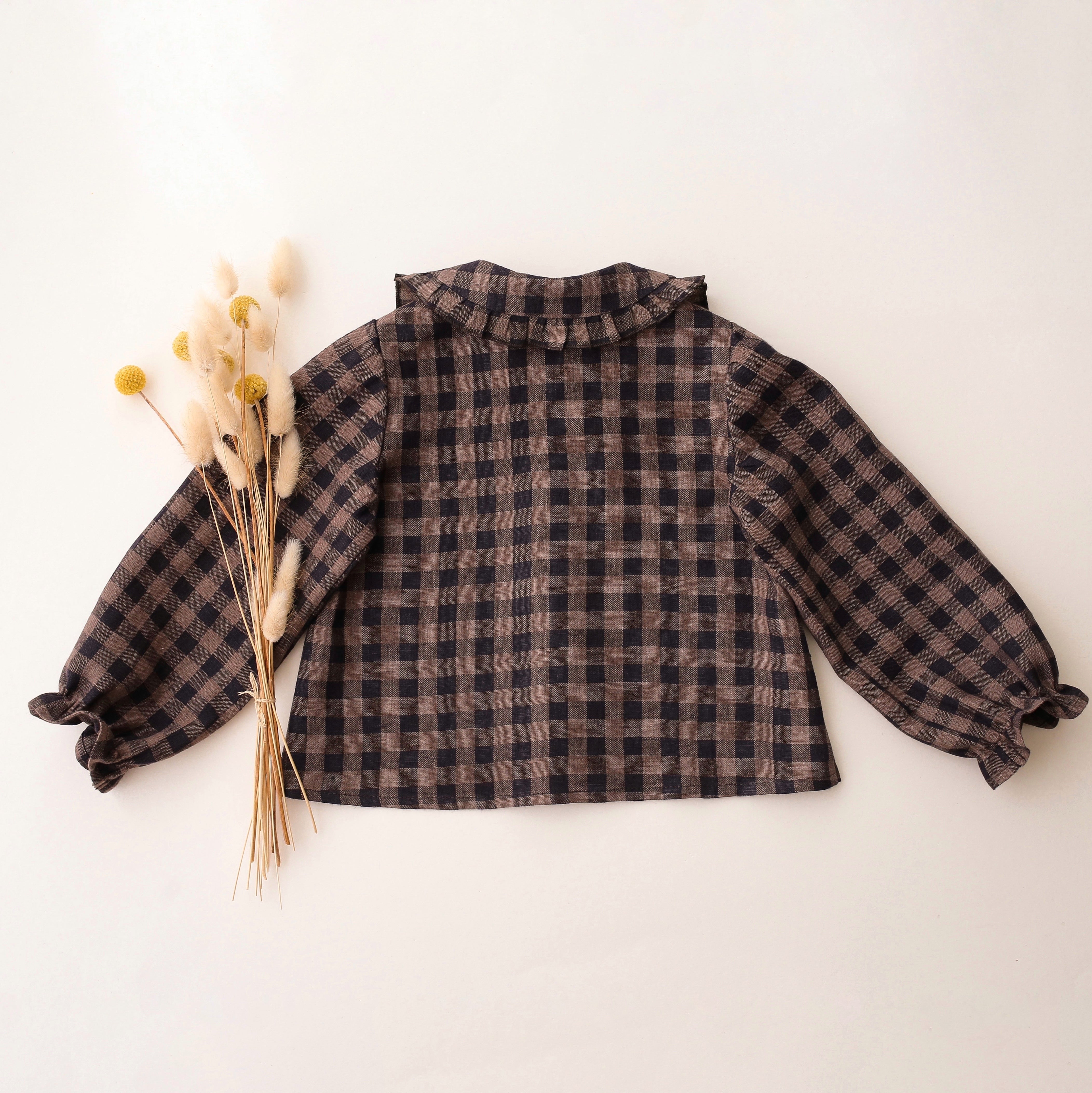 Taupe & Black Check Linen Long Sleeve Frilled Collar Button Front Blouse