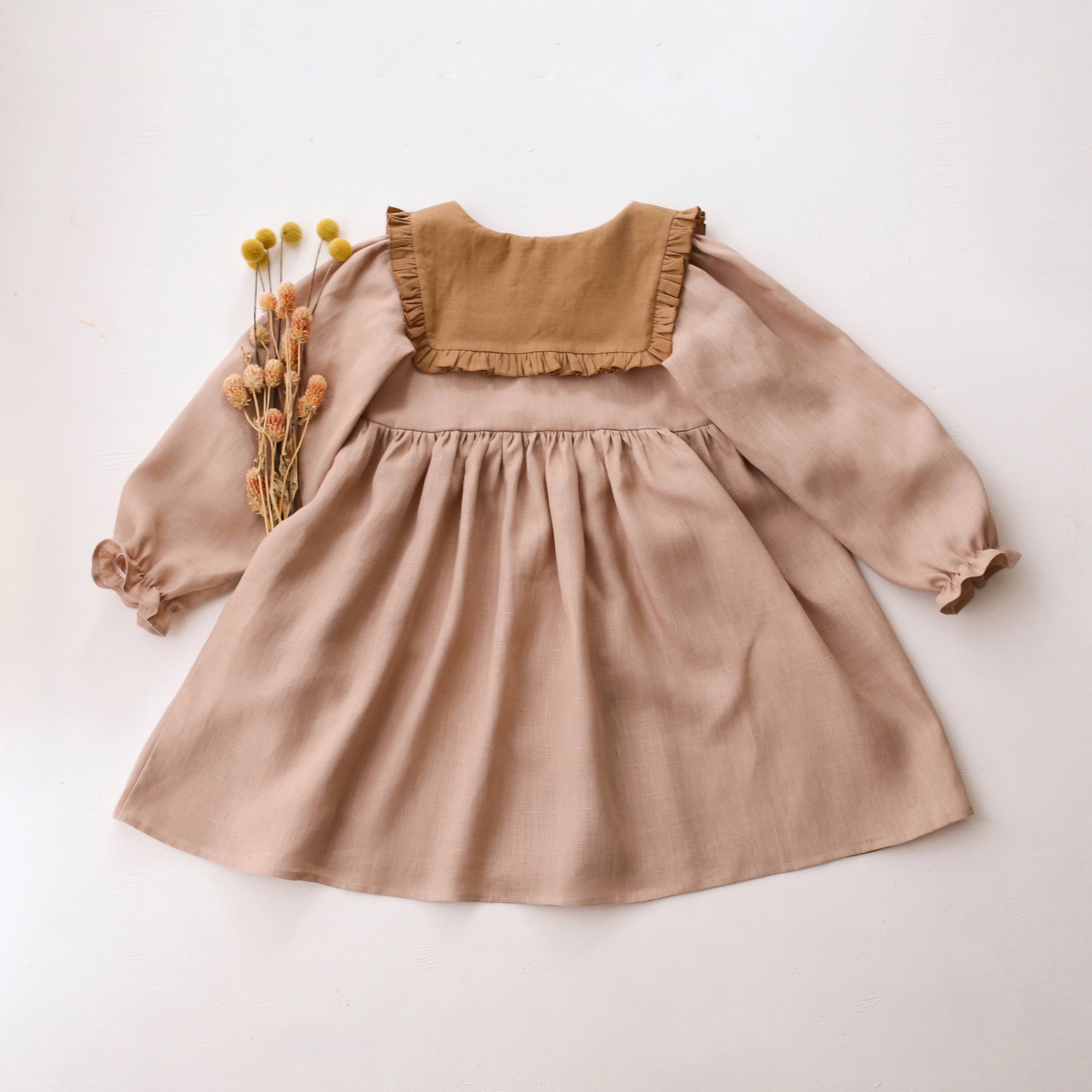 Beige Linen Long Sleeve Dress with Square Collar in Latte Linen and "Cottage Bouquet" Embroidery