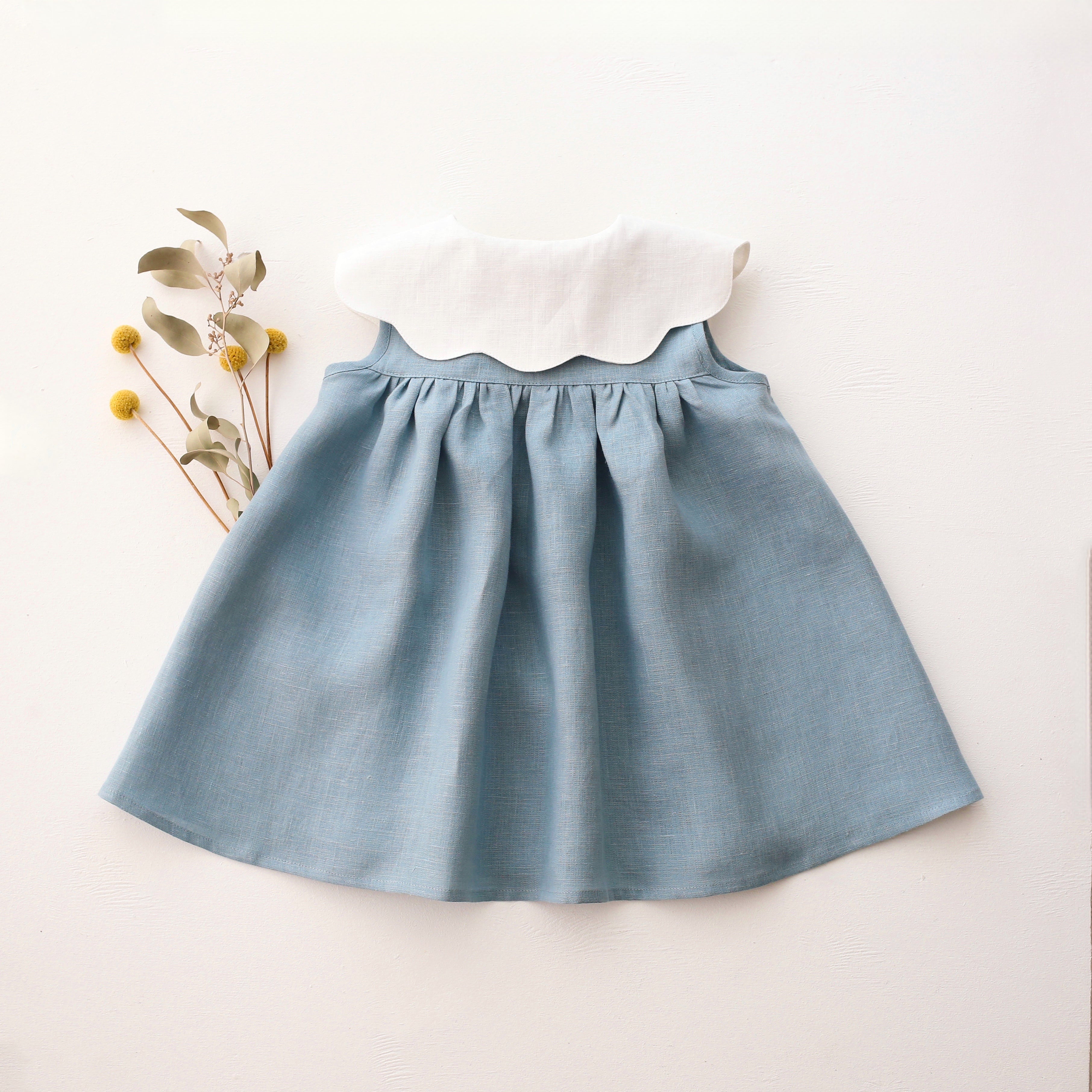 Chalky Blue Linen Button Front Dress with Scalloped Collar in White Li – Dannie and Lilou