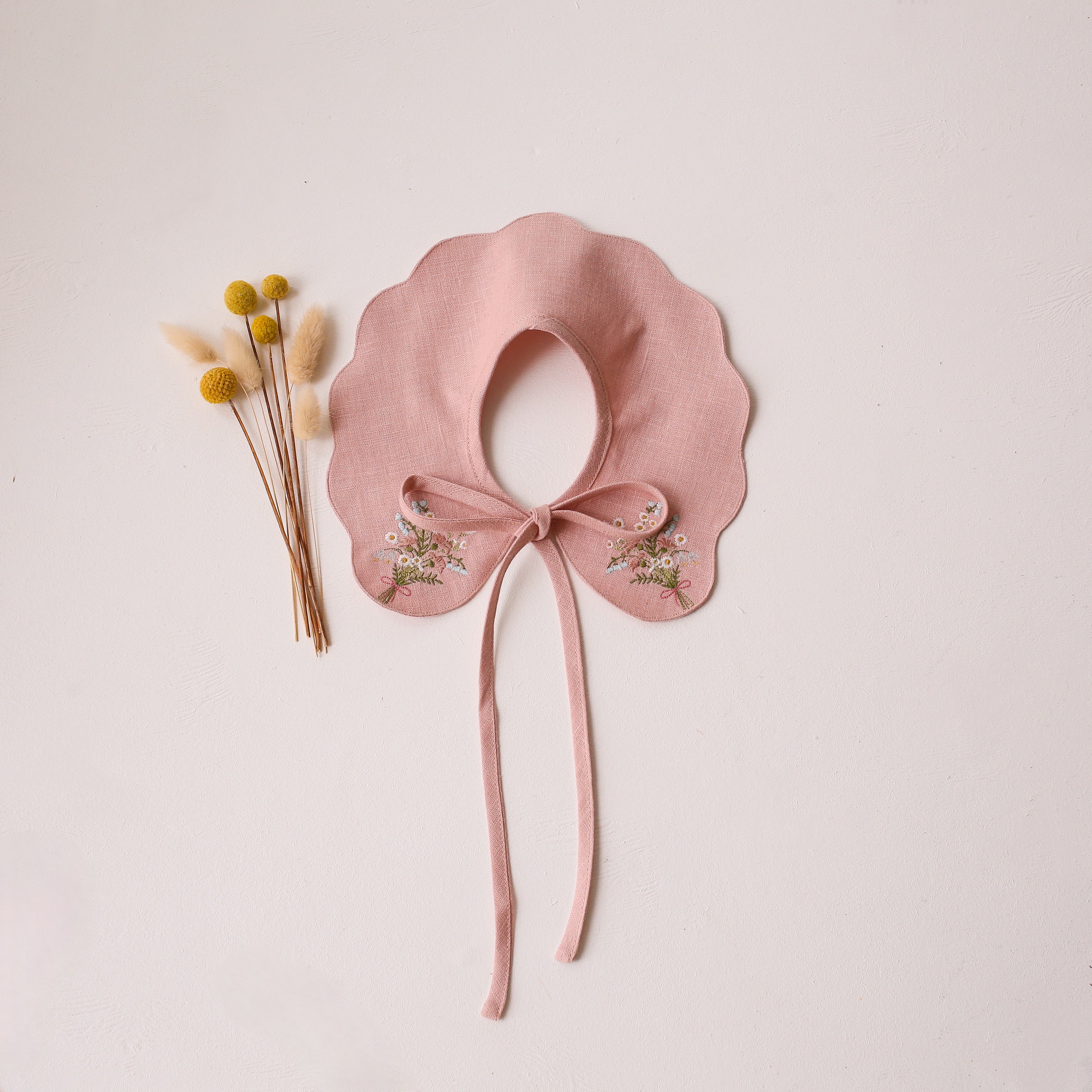 Powder Linen Detachable Petal Collar with “Daisy Bouquet” Embroidery