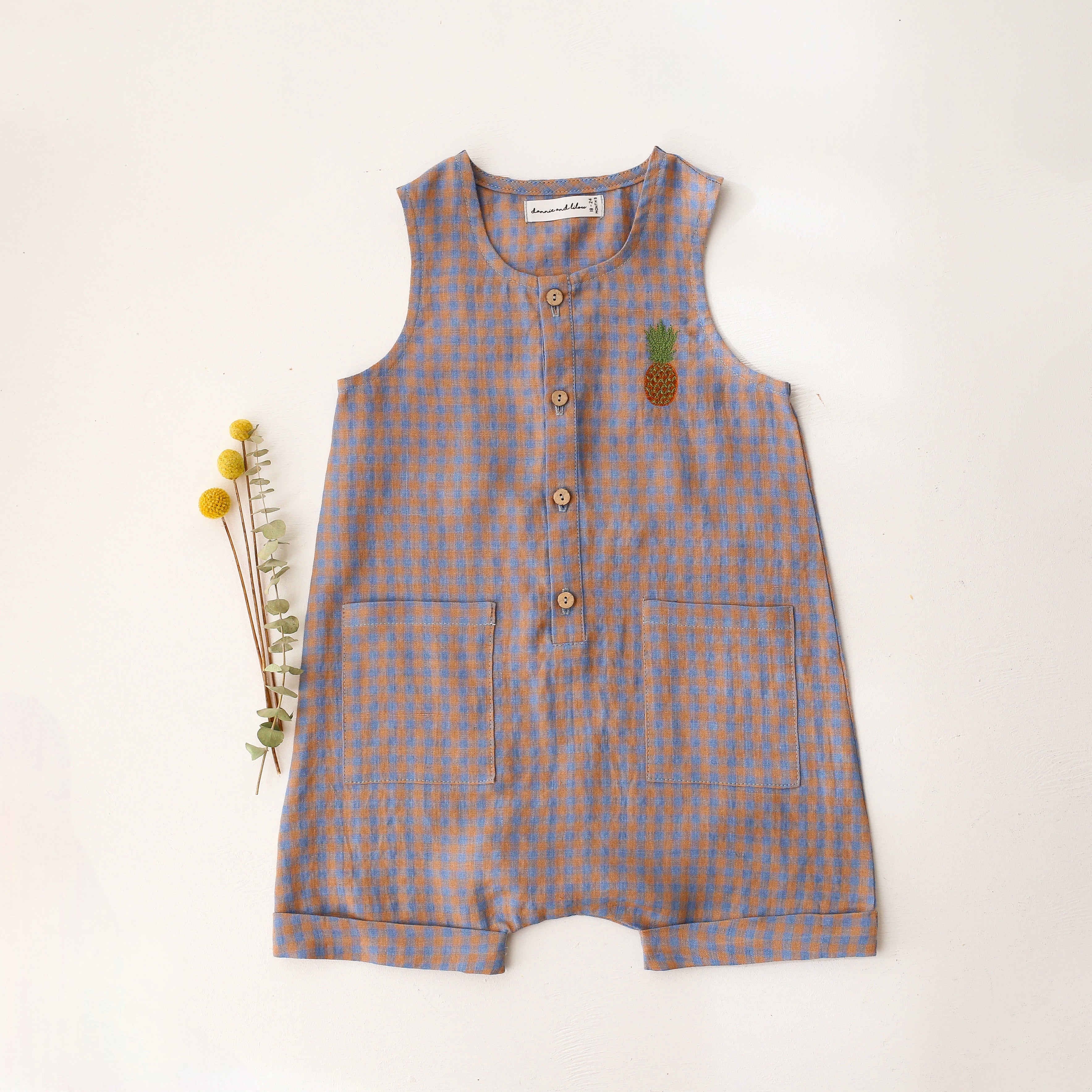 Blue & Peach Gingham Linen Short Legs Tank Jumpsuit with “Pineapple” Embroidery