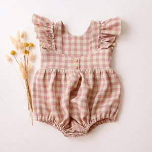 Blush & Cream Gingham Linen Ruffled Front Bubble Playsuit with “Wheat Flower Field” Embroidery