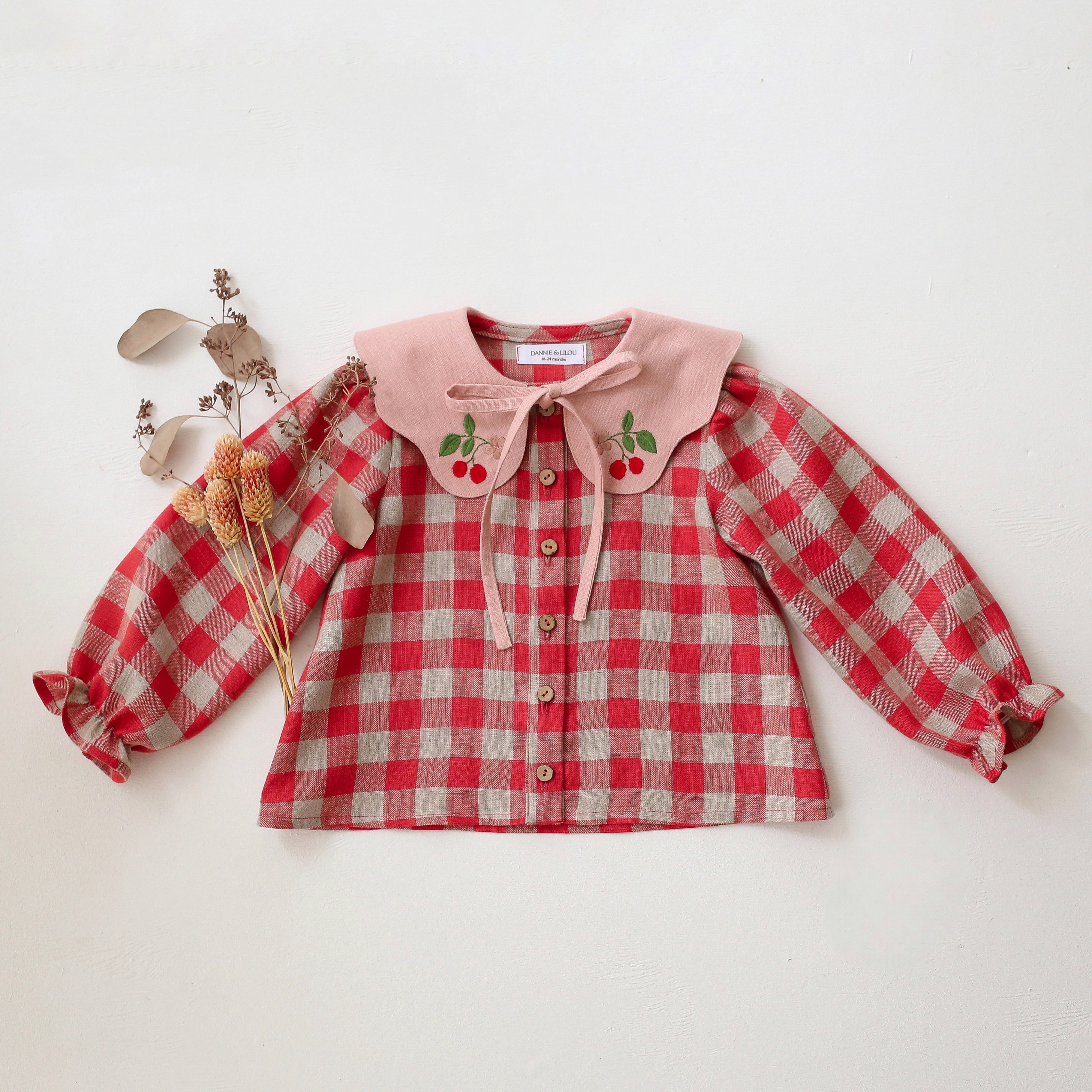 Cherry Check Linen Long Sleeve Button Front Blouse with Petal Collar in Powder Linen with “Cherry” Embroidery
