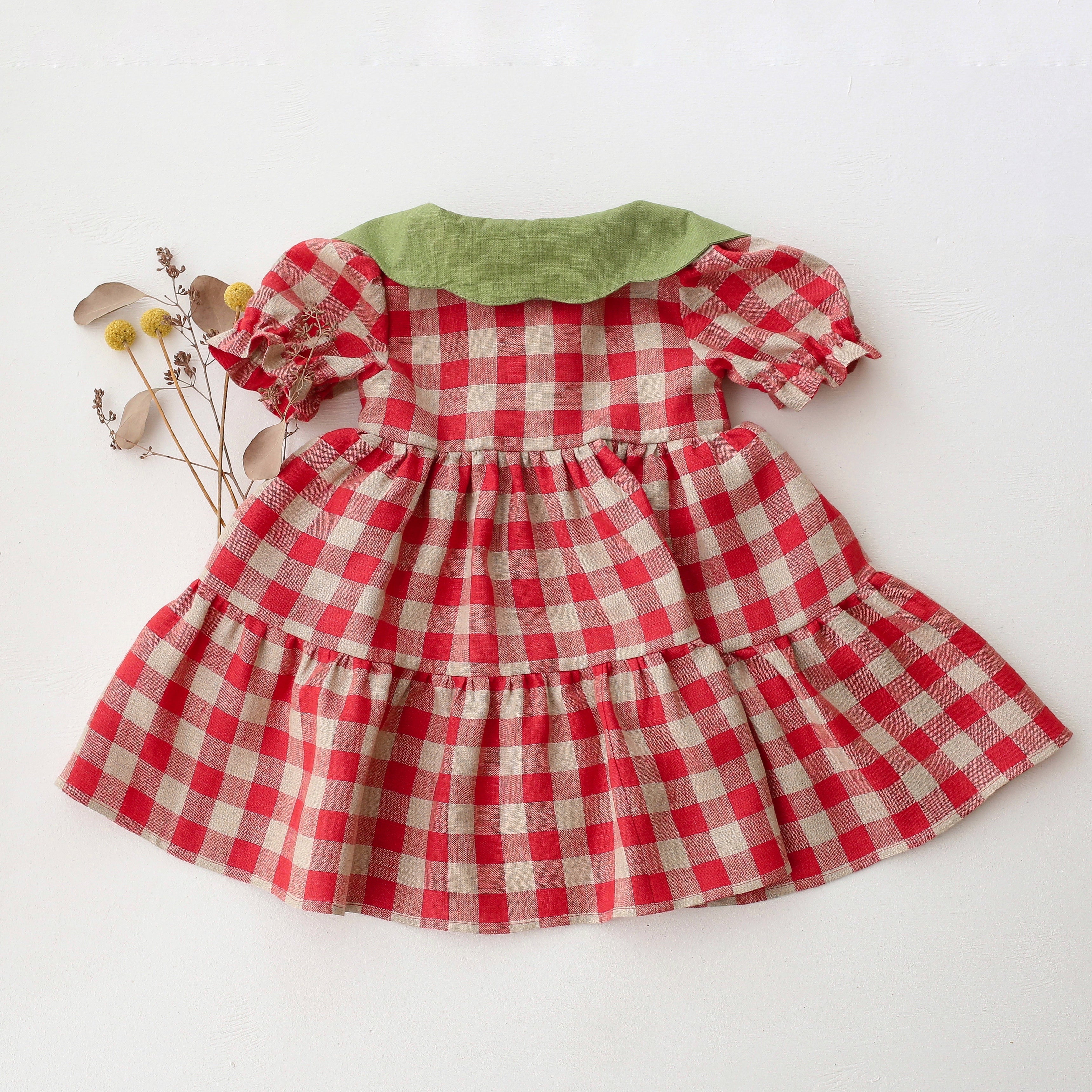 Cherry Check Linen Short Sleeve Tiered Dress with Scalloped Collar in Meadow Green Linen with "Strawberry" Embroidery
