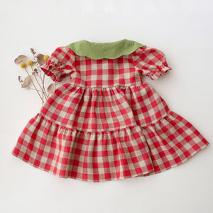 Cherry Check Linen Short Sleeve Tiered Dress with Scalloped Collar in Meadow Green Linen with "Strawberry" Embroidery