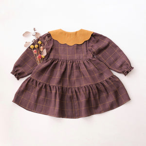 Plum Check Linen Long Sleeve Tiered Dress with Petal Collar in Mustard Linen with "Wild Meadow Bouquet" Embroidery
