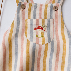 Rainbow Linen Front Pocket Straps Romper with "Toadstool with Snail" Embroidery