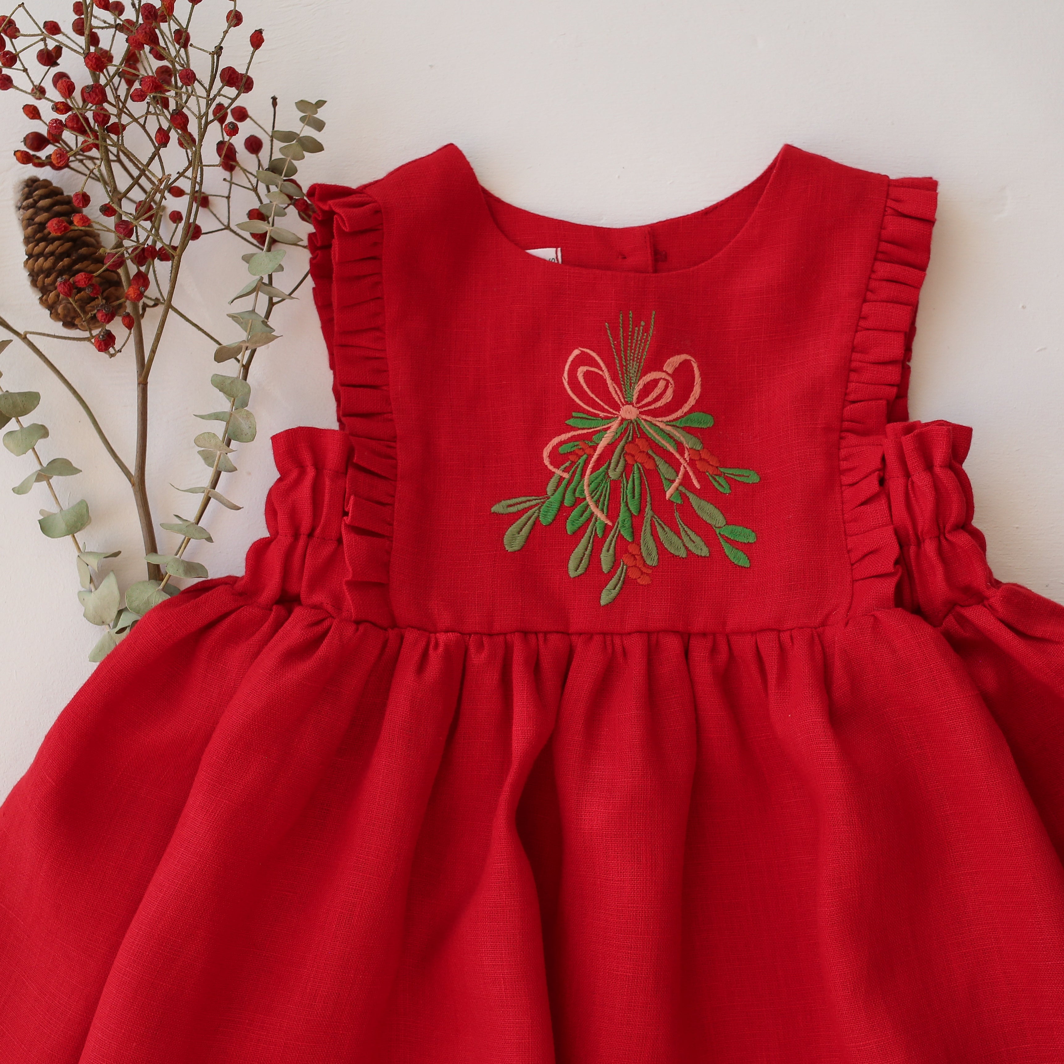 Scarlet Red Linen Dress with Ruffled Hem with "Christmas Mistletoe" Embroidery