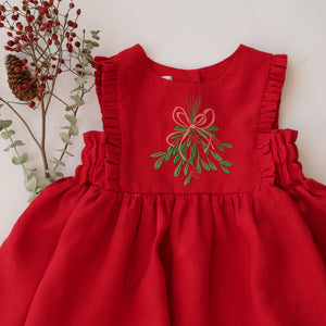 Scarlet Red Linen Dress with Ruffled Hem with "Christmas Mistletoe" Embroidery