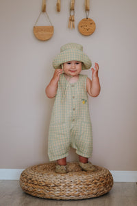 Green Gingham Linen Short Legs Tank Jumpsuit | “Lemon” Embroidery