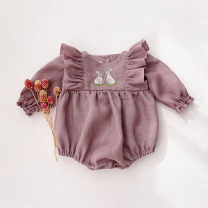 Pale Lilac Linen Long Sleeve Ruffle Bubble Playsuit with "White Bunnies" Embroidery