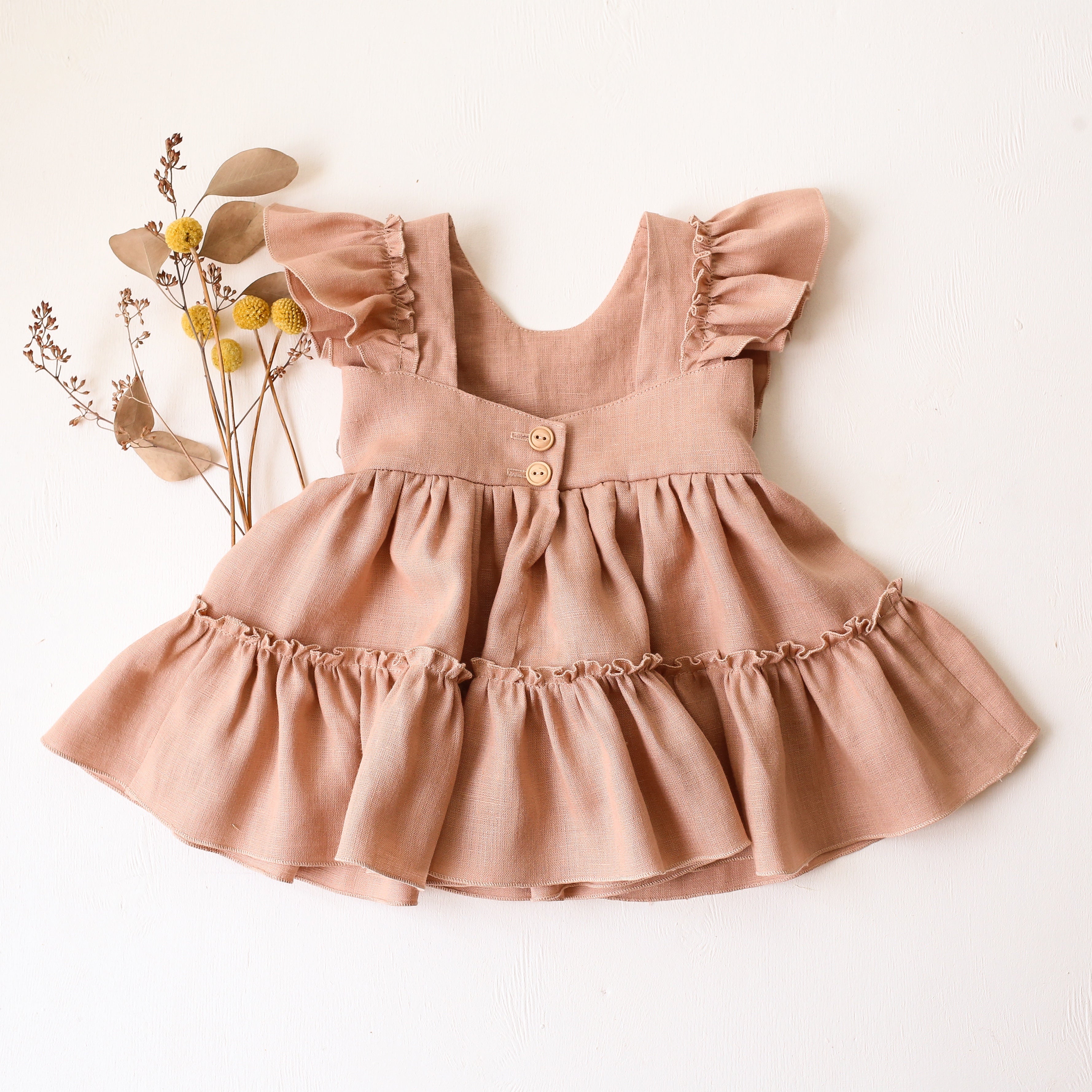 Clay Linen Ruffled Front Tiered Dress with “Meadow Flowers with Bee” Embroidery