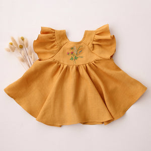 Amber Linen Flutter Sleeve Tie Back Blouse with "Bouquet 2" Embroidery