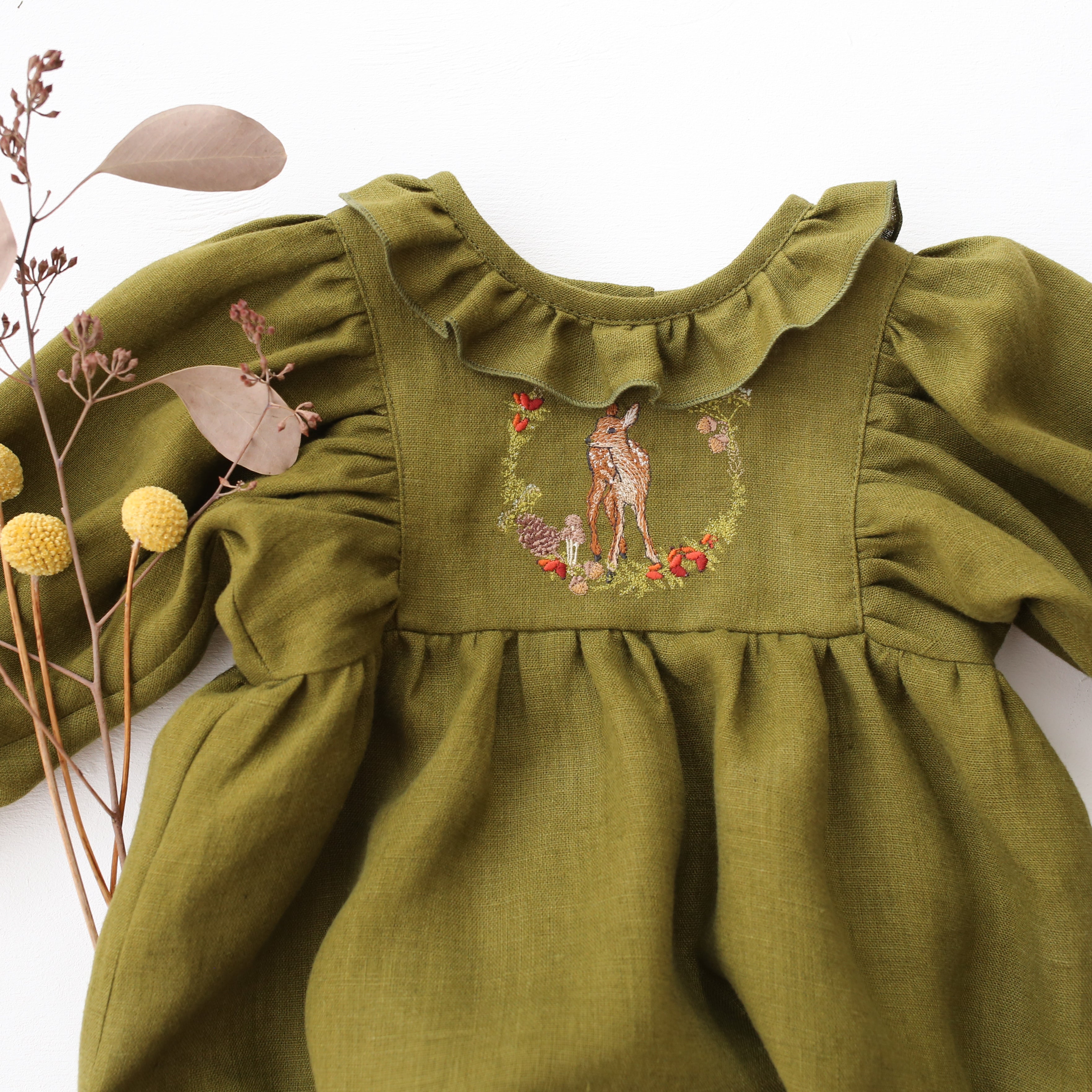 Pine Linen Puff Sleeve Ruffle Collar Bubble Playsuit with "Deer in Berry Wreath" Embroidery
