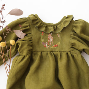 Pine Linen Puff Sleeve Ruffle Collar Bubble Playsuit with "Deer in Berry Wreath" Embroidery